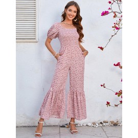 KOJOOIN Women's Summer Smocked Jumpsuits Casual Square Neck Short Sleeve High Waist Wide Leg Rompers with Pockets Pink Floral New L