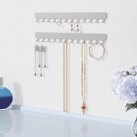 Josmimic Necklace Holder Wall Organizer - Jewelry Hanging Hooks for Necklaces, Bracelets, Earrings - Easy Stick-On Installation - Space-Saving Metal Design, Silver