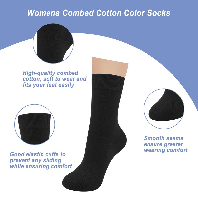 Womens Combed Cotton Color Thin socks - Breathable Soft Crew