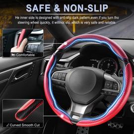 Amiss 3pcs Carbon Fiber Anti-Skid Steering Wheel Cover, Waterproof & Segmented Butterfly Design, Universal 99% Vehicle Wheel Cover Protector, Car Interior Accessories, Red