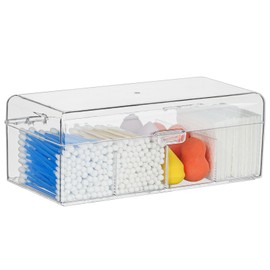 Clear Acrylic Qtip Holder Dispenser with Lid, 4-Compartment Cotton Ball Holder for Cotton Pads, Q-Tips, Makeup Sponges, Transparent athroom Canisters for Bathroom, Bedroom, or Vanity Countertop