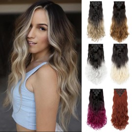 Yekartary Women Hair Extensions Clip-ins 7PCS Seamless Invisible Long Wavy Curly Synthetic Hairpieces 24 Inch Dark Brown To Ash Blonde
