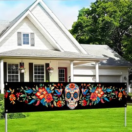 BlissYard Dia de Muertos Banner Colorful Sugar Skull with Floral Design 118x20 Inches Day of the Dead Decorations Fiesta Party Photo Backdrop Indoor Outdoor Mexican Themed Celebration