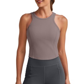 G4Free Yoga Tank Tops for Women with Built in Bras Racerback Longline Sports Bra Removable Pads Summer Clothes for Workout Running (Taupe,XL)