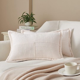 2 Packs Throw Pillow Covers Corduroy,Decorative Lumbar Pillow Covers, JOMWEN Super Soft Boho Striped Cushion Covers for Couch Bed Sofa Livingroom (Cream, 50 x 30 cm)