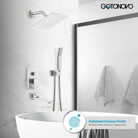 gotonovo Bathroom Shower Faucet Set Wall Mount Triple Function Shower System with Tub Spout Chrome Polished High Pressure Square 8" Rain Showerhead Hand Shower Rough-In Valve