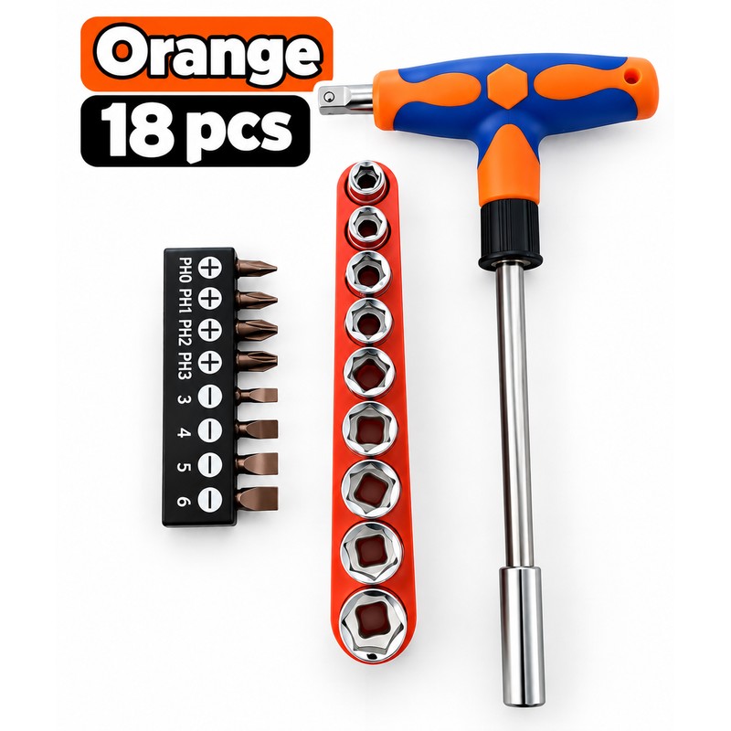 Screwdriver Set with T-Shape Handle, Phillips, Slotted, Hexagon, Plum-Shaped Bits