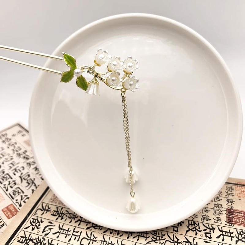 Rabithenn Lily of the Valley Hairpin with Pendant, Silver Tone