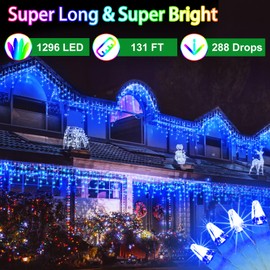 1296 LED Christma Lights With 288 Drops,131FTOutdoor Hanging lights with 8 Modes & Timer, Plug in Curtain String Lights Outdoor Waterproof for Fence Holiday Wedding Party Home Garden Decor Blue