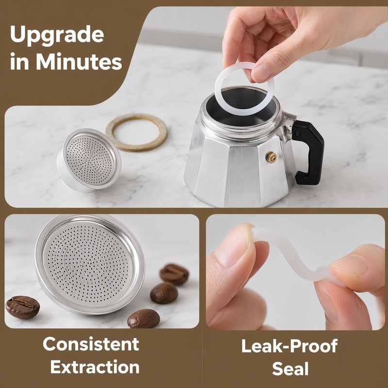 Zickupy 8Pcs Moka Pot Gaskets & Filters for 6-Cup Coffee