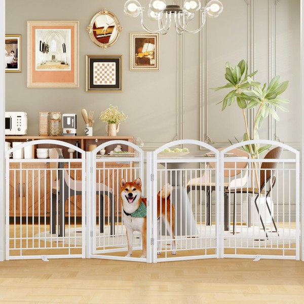 THKKY Folding No-Assembly Metal Freestanding Dog Gate with Door Walk