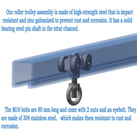 SKTREX 4 Wheel Silent Trolley Assembly Rollers Four Bearing Trolley Assembly for 1-5/8" Wide and All 1-5/8" or Taller unistrut Strut Channel with M10 Bolt and Lifting Eye Nuts