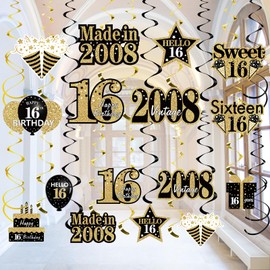 Turypaty 16th Birthday Decorations Hanging Swirls for Boys Girls, Black Gold Vintage 2008 16th Birthday Foil Swirls Party Supplies, Sixteen Year Old Birthday Ceiling Hanging Decorations