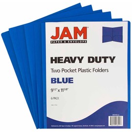 JAM PAPER Heavy Duty Plastic 2 Pocket School Folders - Blue - 6/Pack