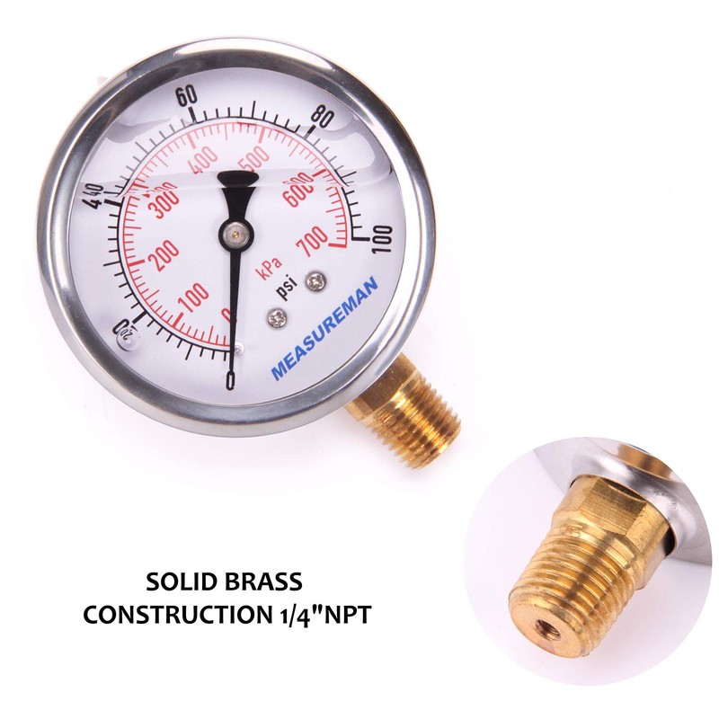 MEASUREMAN Pressure Gauge 1/4 NPT, 0-100psi/kPa Glycerin Filled Pressure Gauge