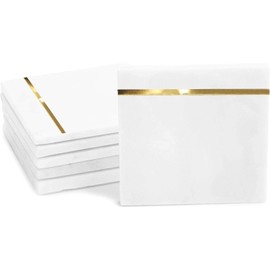 Set of 6 White Square with Brass Marble Coasters | Modern Stone Coasters for Drinks | Cute Coasters for Coffee, Table, Desk, Cup | Absorbent and Durable
