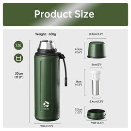 Heater Vacuum Flask for Hot Drink 1L (72 hrs Cold & 48 hrs Hot) Tea Thermal Cup with Removable Base and Filter Coffee Flask 304 Stainless Steel Bottle for Travel Office and School(Green)