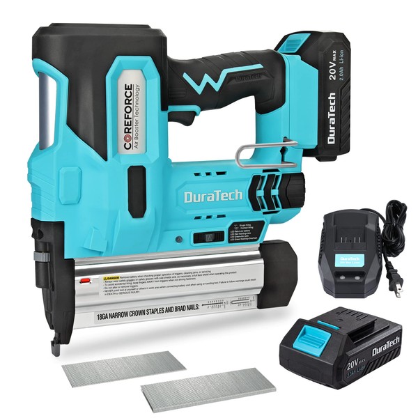 DURATECH 20V Cordless Brad Nailer, 18 Gauge, 2-in-1 Nail/Staple Gun for Upholstery, Carpentry, Including 2.0Ah Rechargeable Battery, 1H Quick Charger, 1000 Staples, 1000 Nails and Carrying Case