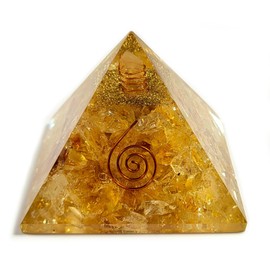2.8" Golden Citrine Orgonite Orgone Pyramid Positive Energy Reiki Charged Generator Metaphysical Healing Meditation Gemstone Crystal Mineral Copper Coil w/Quartz Specimen