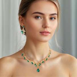 Yolev Green Jewelry Sets for Women Gold Crystal Rhinestone Earrings Choker Necklace Green Necklace for Women Bridal Bridesmaid Prom Costume Wedding Party