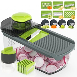 Ourokhome Mandolin Slicer with Handheld Spiralizer, Multifunctional Vegetable Shredder with Container, Veggie Spiral Wave Cutter for Potato, Carrot, Zucchini, Essential Kitchen Gadgets (10 in 1, Gray)
