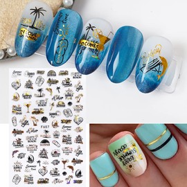 Seaside Beach Nail Art Stickers, Holographic 3D Summer Laser Gold with Black Nail Art Adhesive Sticker Design, Coconut Tree Leaf Dolphin Line Nail Art Decals for Women Girls Manicure Hawaii Decoration