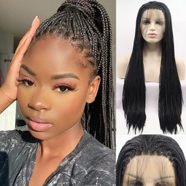 xiweiya 28 Inch Lace Front Knotless Box Braided Wigs Brack Hand Braided Box Braided Wigs with Baby Hair Cornrow Braids Lace Frontal Twist Braids Hair Wig for Black Women