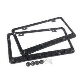 JR2 Premium 2 PCS Shining Crystal License Plate Frame+Free Crystal Cap+Screw (Black)