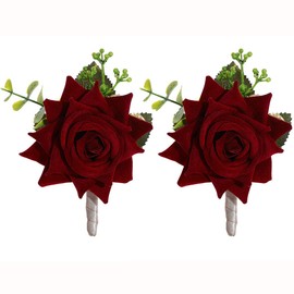 Campsis Wedding Corsage Flower Boutonniere Buttonholes Red Wine Flowers Groom Groomsman Best Man Wedding Flowers Accessories Prom Suit Decoration（Pack of 2）