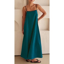 Womens Summer Linen Maxi Dress Contrast Trim Spaghetti Straps Backless Sleeveless Long Flowy Dresses (XX-Large,Blue)