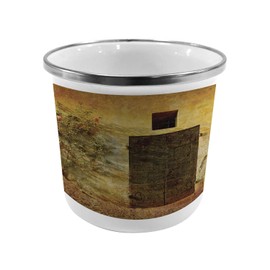 Ambesonne Rustic Steel Camping Mug, Historical Italian Door of Stone House Mediterranean Picturesque Heritage, Printed Thermal Cup for Camping and Outdoor Activities, Amber Brown