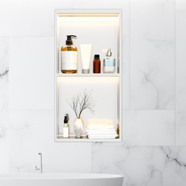 24 x 12 Inch LED Light Shower Niche Stainless Steel Niche No Tile Needed with Light Double Layer Recessed Wall Niche Insert Shower Niche Shower for Bathroom Storage(Silver)