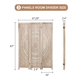 Carved Wood Room Divider Screen 3 Panel,5.57 FT Tall Wooden Room Divider 67 in,Folding Room Dividers for Room Separation Home Office Garden Terrace (Light Wood Round Carved)