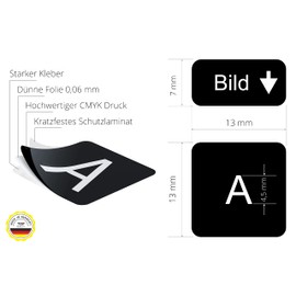 Lacerto® 13 x 13 mm German Sticker Set for PC and Laptop Keyboards with Additional Keys and Numeric Keypad Colour: Black