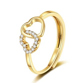 XRWilma elegant gold & silver copper zirconia double heart ring - adjustable size, delicate micro-pave diamonds, perfect for layering, lightweight 1.1g (GOLD)