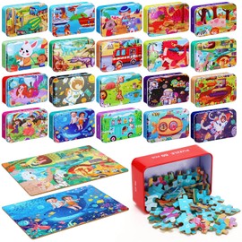 Silipull 20 Boxes Party Favors Jigsaw Puzzles in a Metal Box for Age of 4-8, Wooden Puzzle for Ages 4-8 Boys and Girls Learning Educational Puzzles Toys, 20 Styles