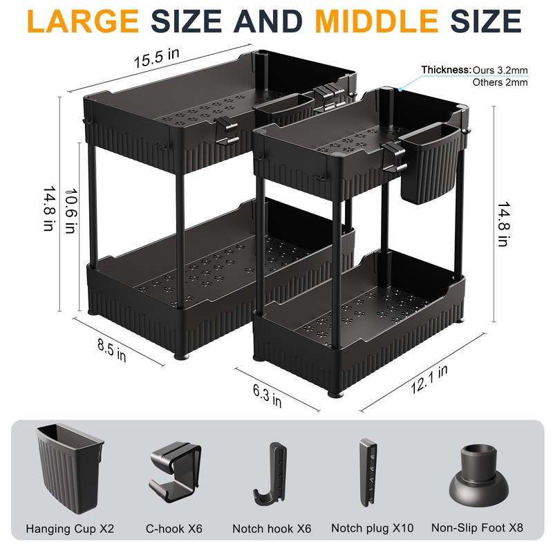 Sevenblue 2 Pack Under Sink Organizer, Under Bathroom Cabinet Organizer
