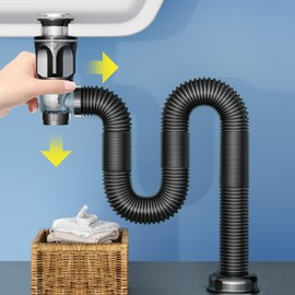 QruiLanTu Bathroom Sink Drain Kit Flexible Expandable P-Trap Sink Drain Pipe for 1-1/4" to 1-1/2" Drain Hole Snappy Trap with Built-in Anti-clogging Stopper