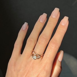 KQueenest Acrylic Press on Nails Short Medium Square, Nude False Nails Short Coffin, Glossy Natural Solid Color Fake Nails Set, Reusable Gel Stick on Nail for Women Finger Daily Wear 30 Pcs