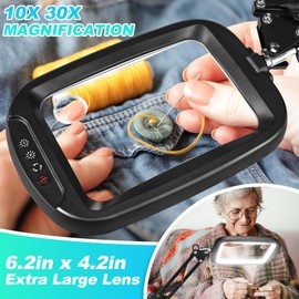 10X 30X Extra Large Magnifying Glass with Light and Clamp, Rectangle Hands Free Magnifier with 5 Color Modes, Adjustable LED Lighted Magnifying Desk Lamp for Reading Close Work Craft Painting (Black)