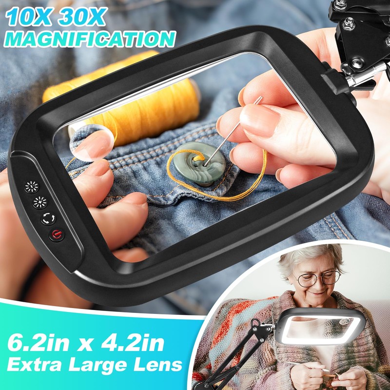 10X 30X Extra Large Magnifying Glass with Light and Clamp,