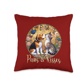 Art Nouveau Love Beagle Dog & Cat Kiss Flower Butterfly Paws & Kisses Valentines Beagle Dog & Cat Throw Pillow, 16x16, Multicolor