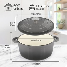 CookNexa 6 Quart Enameled Cast Iron Dutch Oven Pot with Lid, Oven Safe up to 500°F or on Stovetop, Non-stick Dutch Oven for Bread Baking, Cooking, Dual Handles Cookware, Grey