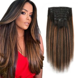 ABH AMAZINGBEAUTY HAIR Yaki Clip in Hair Extensions Human Hair Two Tone Rooted Natural Black to Chestnut Brown Highlighted Yaki Straight Clip ins for Black Women 1BT1BP30# 14 Inch 120G 7Pcs Full Head