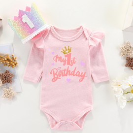 AXAZZNI My first birthday girl outfit baby girls romper sweet one baby Clothes first happy 1st birthday crown pinklong 12 Months
