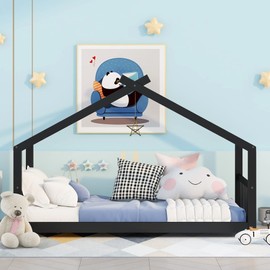 Harper & Bright Designs Twin Size House Bed for Kids, Montessori Twin Bed Frame with Headboard and Footboard, Wooden Children Bed for Girls Boys Bedroom Furniture, No Box Spring Needed, Espresso