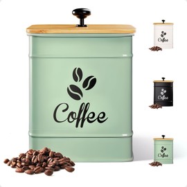 Airtight Coffee Canister - 40 oz Large Iron Sage Green Container Airtight - 6 x 8 inch Metal Jar - Stylish Countertop Container for Coffee Grounds, Beans & Pods with Rubber-Lined Bamboo Lid