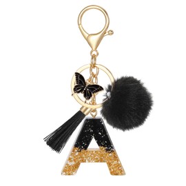 MWOOT Alphabet Initial Letter Keychain, Name Keyring with Tassel Butterfly Pendant Pom Pom for Women, Black Resin Gold Foil Sequins Keyring Charm for Door Car Key Handbag Decor(A)