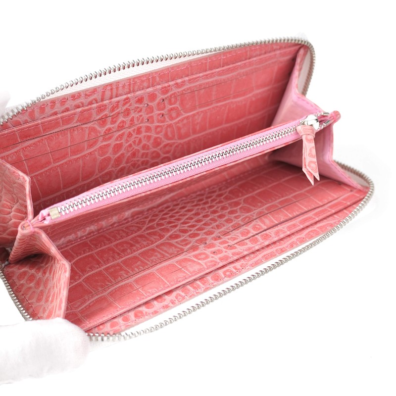 Nallyda Crocodile Embossed Cowhide Long Wallet, white (pink interior)