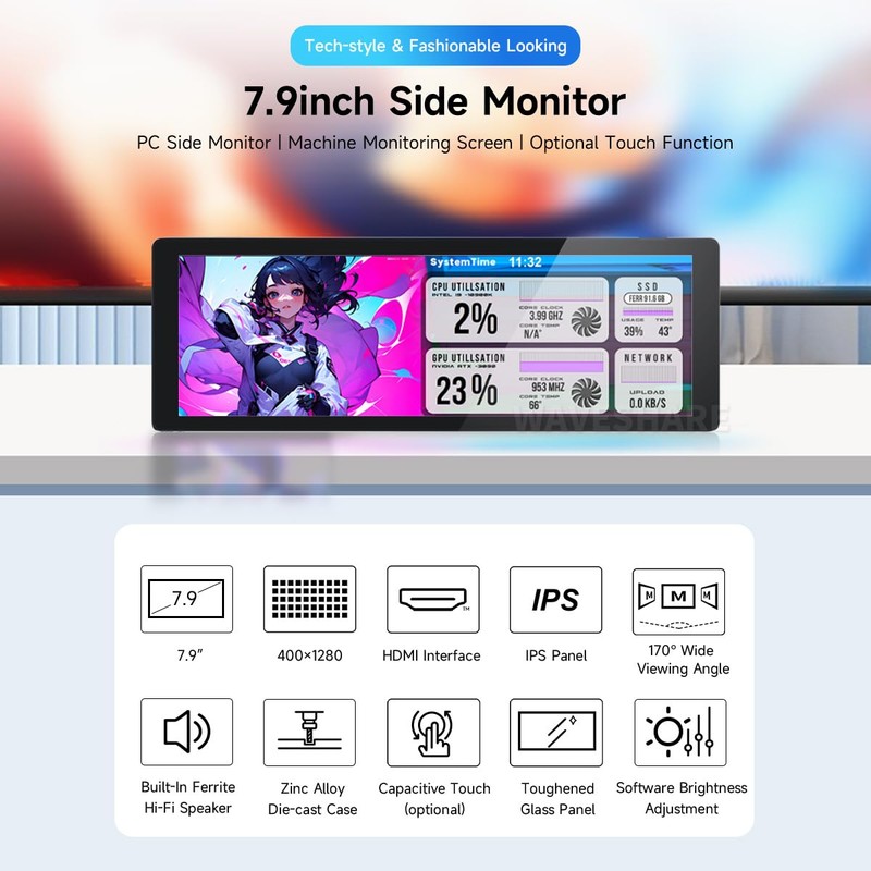 Waveshare 7.9 inch IPS Display, 400 x 1280, Toughened Glass